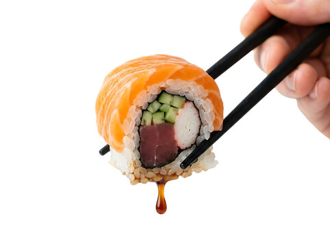 Salmon Maki Sushi Roll Held With Chopsticks On Transparent Background