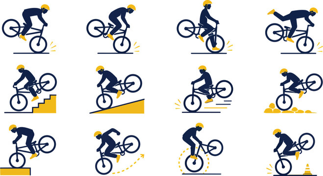 BMX Bicycle Rider Performing Freestyle Tricks Vector Icon Set