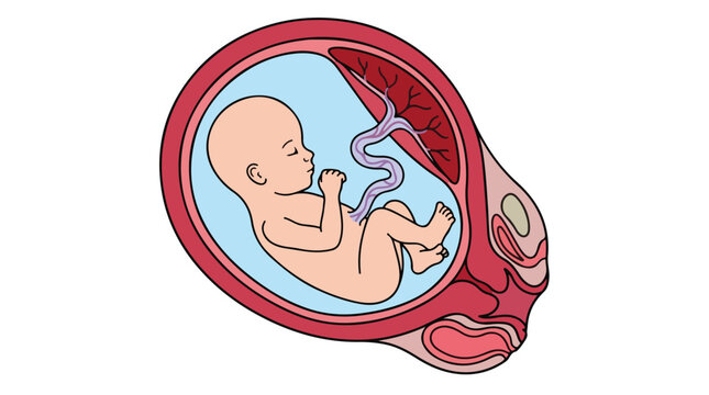 Human fetus medical illustration, anatomical cross section of pregnancy in womb, fetal development with umbilical cord and placenta vector