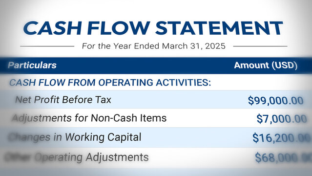 Cash Flow Statement Scrolling List. Net Profit, Sales, Income, Expenses, Finance, Report, Accounting Document, Budget Planning, Profit Management. 2D Illustration