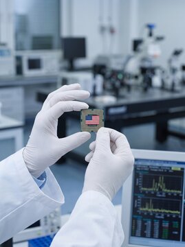 Scientist hand in white glove holding American flag CPU microchip in modern semiconductor research laboratory with microscopes and equipment in blurred background, USA chip innovation concept.