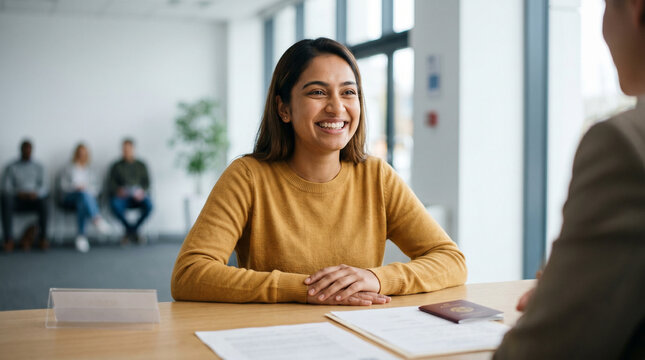 Smiling student at visa interview in bright office background