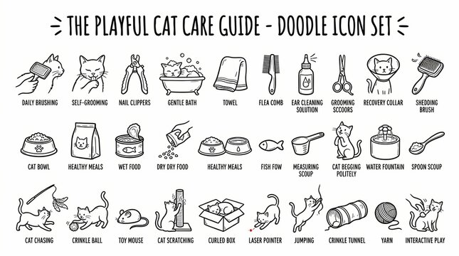 A comprehensive and playful doodle icon set illustrating various aspects of cat care, including grooming, feeding, and playtime activities, perfect for pet guides.