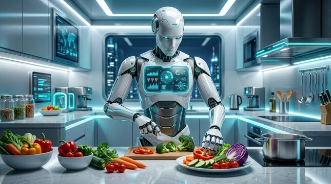 Advanced robot chef prepares fresh ingredients in a futuristic kitchen setting