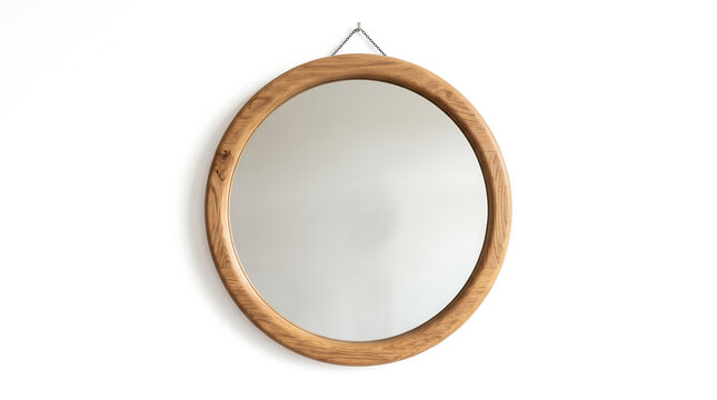 Round Wooden Framed Mirror Isolated on White Background Elegant Decorative Wall Mirror for Home Interior Design Stock Photo