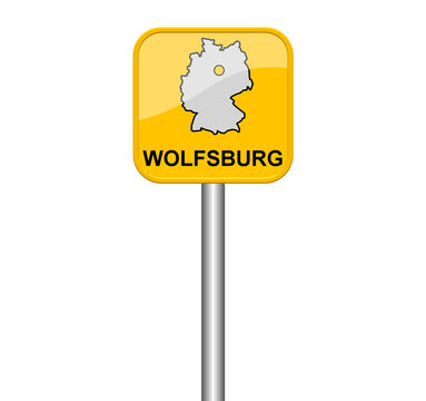 Wolfsburg - Schild mit Lage auf Deutschlandkarte