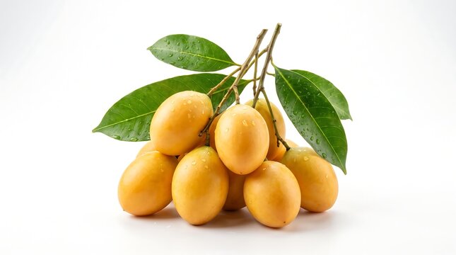 Fresh ripe marian plum fruits with green leaves isolated on white background.