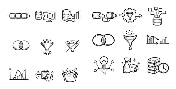 Data flow and filtering concept icons with database, funnel and gear for presentation design in outline style