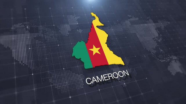 Cameroon map with national flag on digital world map background, geographic border, global political and international news concept