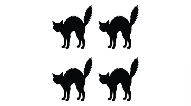 Four black cat silhouettes with fluffy tails in different poses on white background illustration