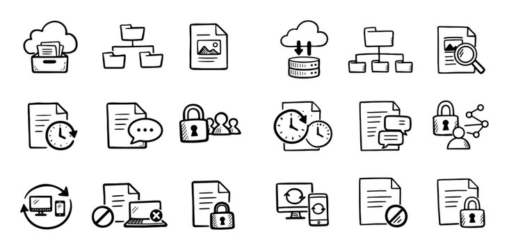 Cloud storage and document management concept icons with folder, file, lock for presentation design in hand drawn style