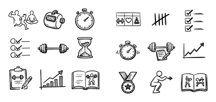 Fitness and health concept icons with stopwatch, weights and exercise poses for workout routine app design in hand drawn vector art