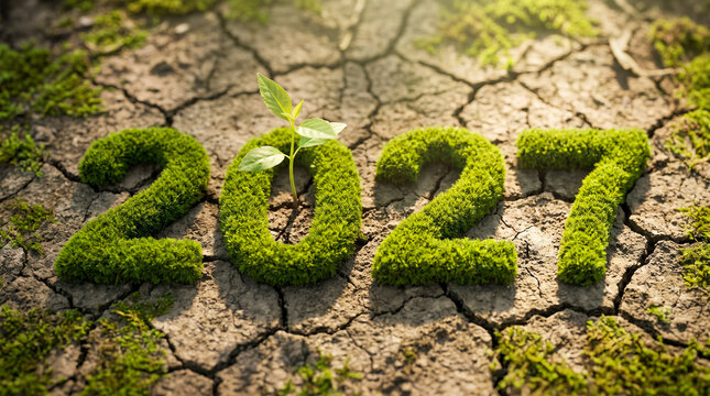 El a&ntilde;o 2027 escrito con musgo verde sobre tierra seca mientras brota una peque&ntilde;a planta, simbolizando vida y renovaci&oacute;n.