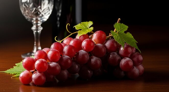 Red grapes and wine glass still life