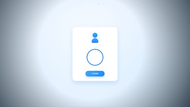 Modern blue and white user login motion graphics animation featuring account avatar, loading progress ring, login button, and verified checkmark