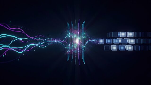 Data stream flows from luminous cubes into a centralized processing hub that glows brightly against a dark backdrop.