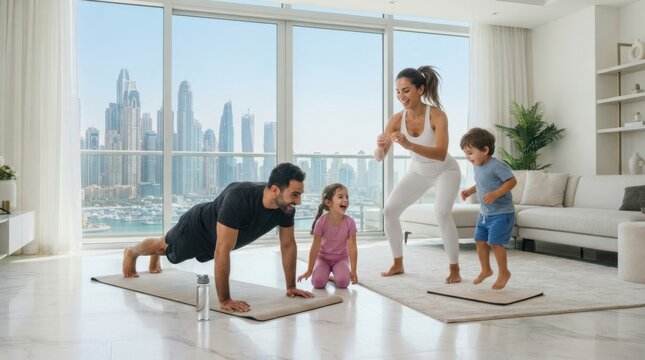 Family enjoys a healthy workout session together in their modern apartment with a city view