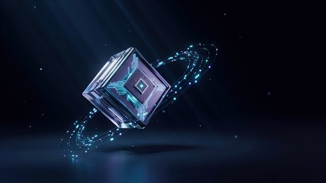 Cube represents a futuristic processor hovering within a cloud of glowing digital particles and light streaks tonight.