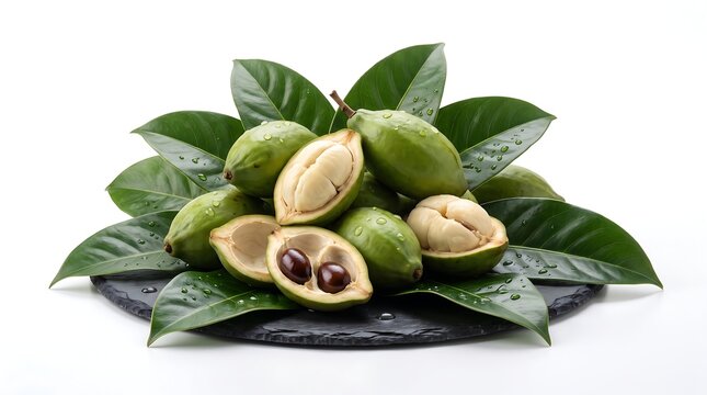 Fresh green Genip fruit with leaves on a black stone plate isolated on white.