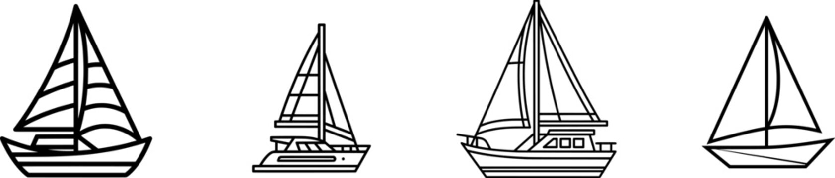 A sleek black outline of a modern sailboat yacht with a tall mast and sails stands isolated on a pure white background in a minimalist flat vector style
