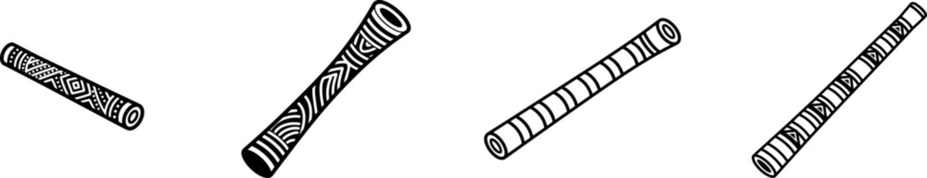 A minimalist black outline of a long wooden didgeridoo with intricate patterns in white, isolated on a pure white background