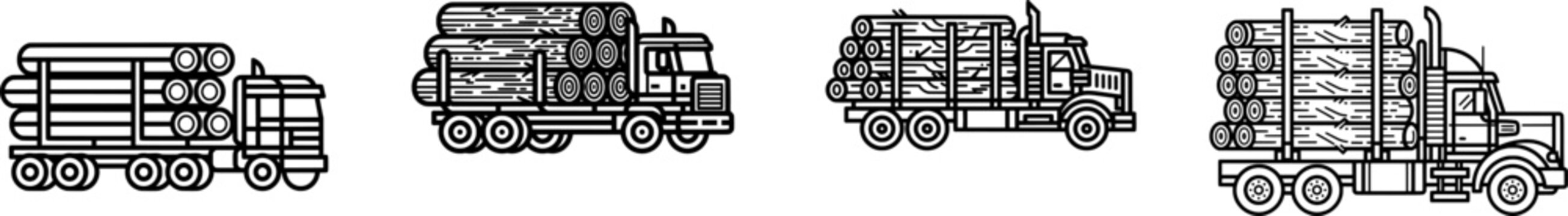 A minimalist black outline truck icon with a massive log carrier is depicted on a pure white background, showcasing its side view in a flat vector style