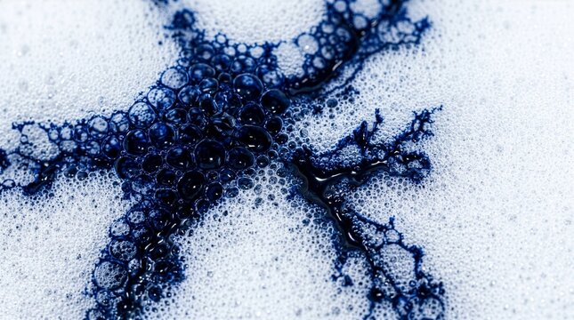 Macro shot of deep blue ink spreading in white soap foam forming neuron and dendrite structure, abstract neuroscience background