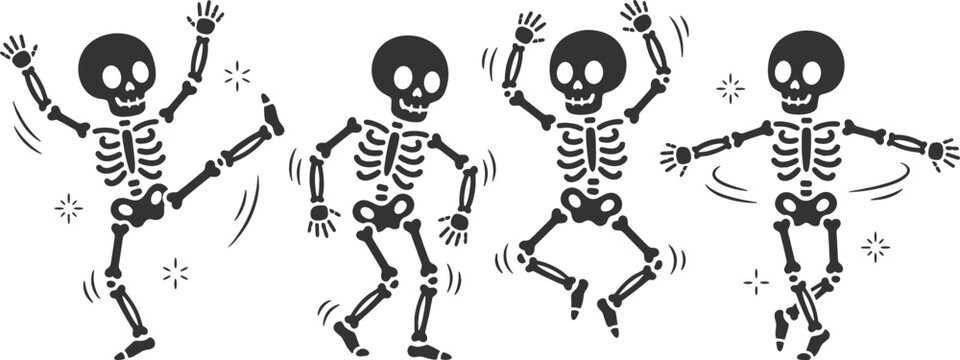 Four cartoon skeletons dancing happily with sparkling confetti against a white background