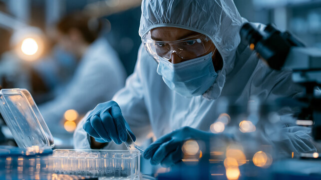Over the shoulder view of a researcher in a protective lab suit leaning over an ancient permafrost core sample beside an open transport container and sequencing equipment in