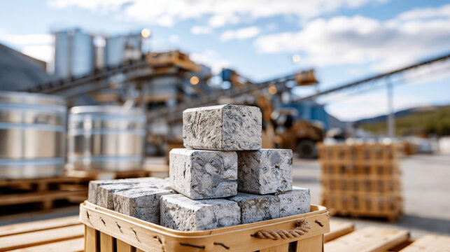 Bright concept scene of open pit mining logistics with drill core samples conveyors and metal containers at a processing plant faceless composition open pit mine drill cores