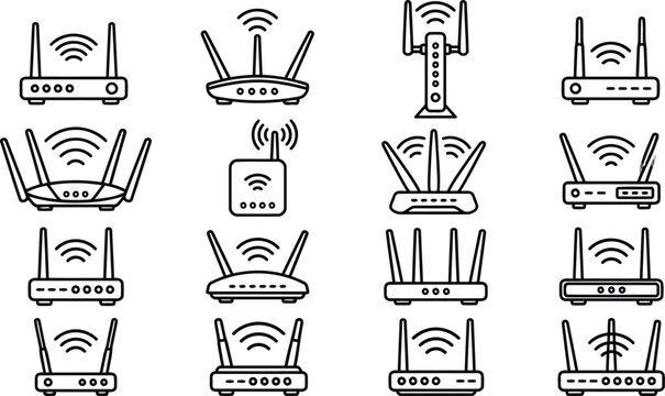 Set of Wi-Fi router and wireless internet connection outline vector icons in black and white style