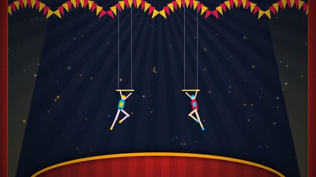 Circus Trapeze Artists Performing Aerial Acrobatics on Stage with Spotlights and Bunting Animation