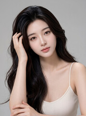 Fototapeta premium Portrait of a beautiful young woman with long dark hair, soft natural lighting on gray background.