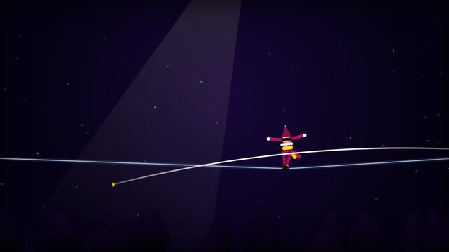Minimalist tightrope walker animation performing circus balancing act in dark spotlight arena