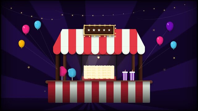Vector Illustration of Carnival Concession Stand with Popcorn and Cotton Candy at Night Fair