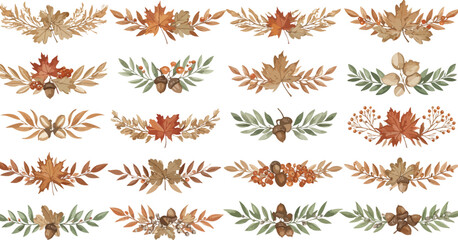 Fototapeta premium Set of twenty hand drawn watercolor autumn floral arrangements featuring various fall leaves branches and botanical elements isolated on white background