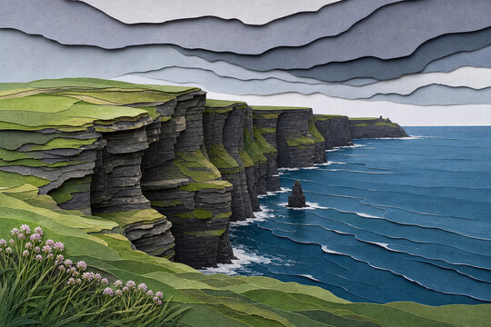 Layered paper cut cliffs above the Atlantic coast