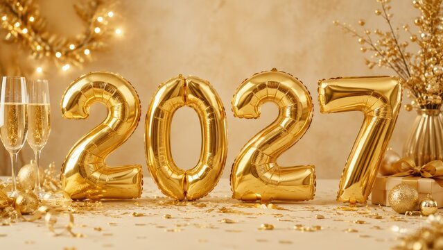 golden 2027 balloon numbers beside two champagne flutes, wrapped gift, ornaments and sparkling branches on a warm gold background with confetti for an elegant new year celebration