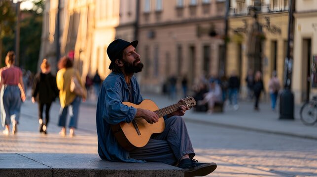A man with a beard and hat plays an acoustic guitar while sitting on a stone ledge in a sunlit urban plaza