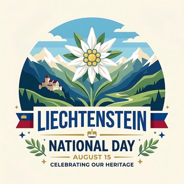 Edelweiss flower, bold LIECHTENSTEIN NATIONAL DAY typography, elegant flat vector graphic, fresh alpine colors