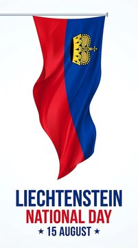 Liechtenstein flag flowing vertically with bold LIECHTENSTEIN NATIONAL DAY typography, clean vector illustration
