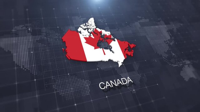 Canada map with national flag on digital world map background, geographic border, global political and international news concept