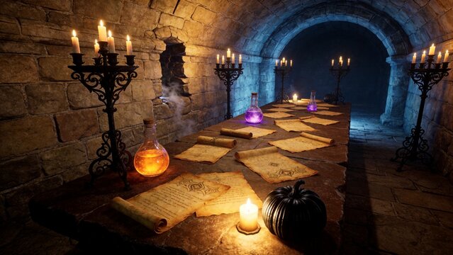 Mystical Alchemist's Chamber: An ancient chamber adorned with stone arches and dimly lit by flickering candlelight, where a long wooden table is covered with scrolls, potion bottles.