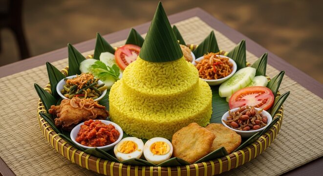 Nasi tumpeng with side dishes on a table