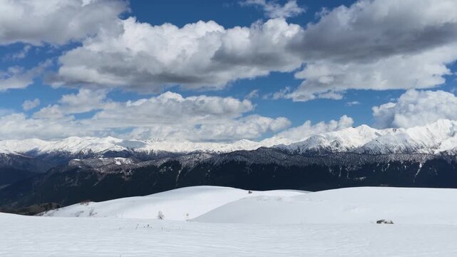 Snowy Koruldi ridge landscape with Caucasian mountains, Svaneti Georgia, mountain tourism, alpine travel destination, panoramic nature view