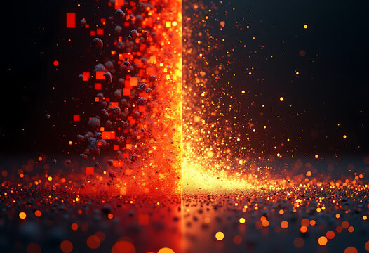 Fiery red and yellow particles exploding with squares and sparks on rocky ground glowing effect digital art.