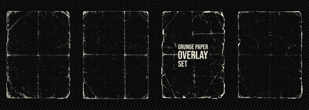 Distressed paper overlay with strong diagonal fold lines, scratches, vintage cracks, and rough borders. Transparent grunge frame ideal for posters, photos, textures, and creative mockups.