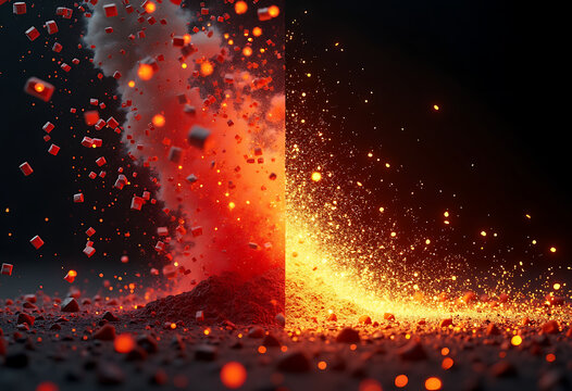 Fiery red and yellow particles exploding with squares and sparks on rocky ground glowing effect digital art.
