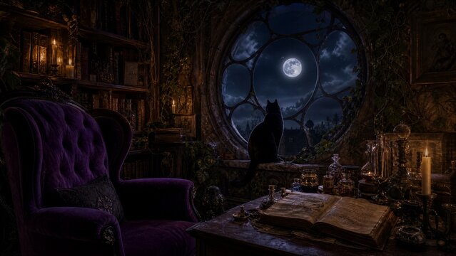 Mystical Moonlight Chamber: A black cat gazes out a round window at the full moon, silhouetted against a dark, enchanted room filled with arcane books, flickering candles.