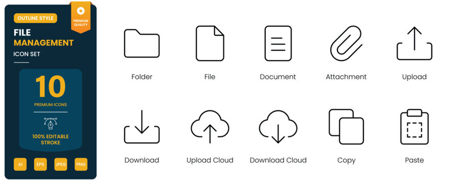 file management icon line style document folder upload download editable stroke vector set